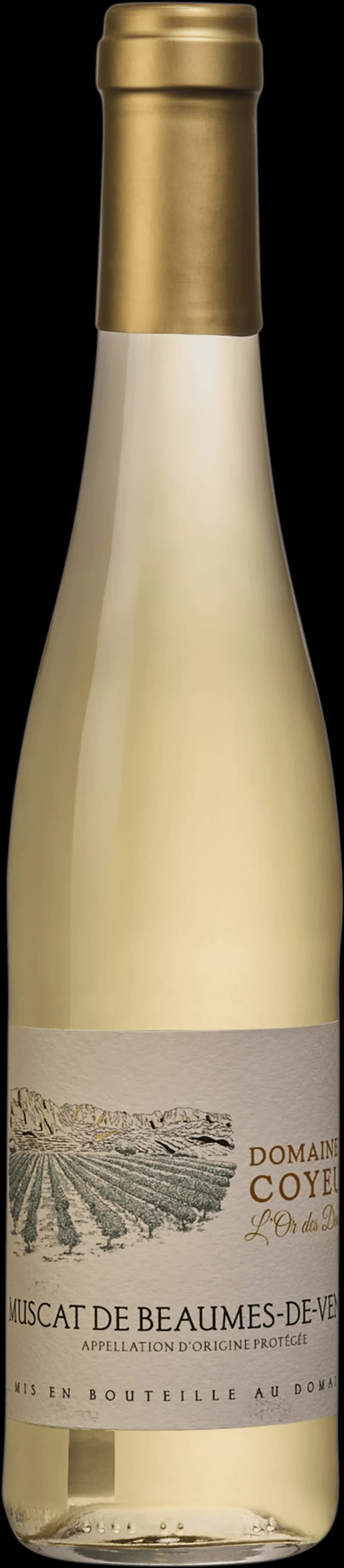 Flaska och glas med vitt vin Or des Dentelles