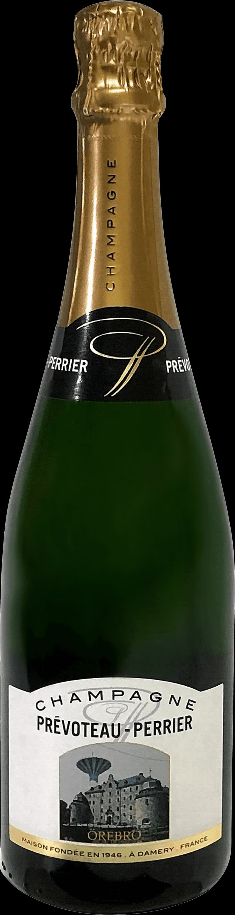 Flaska av Örebro 759 år Cuvée mousserande vin mot neutral bakgrund.