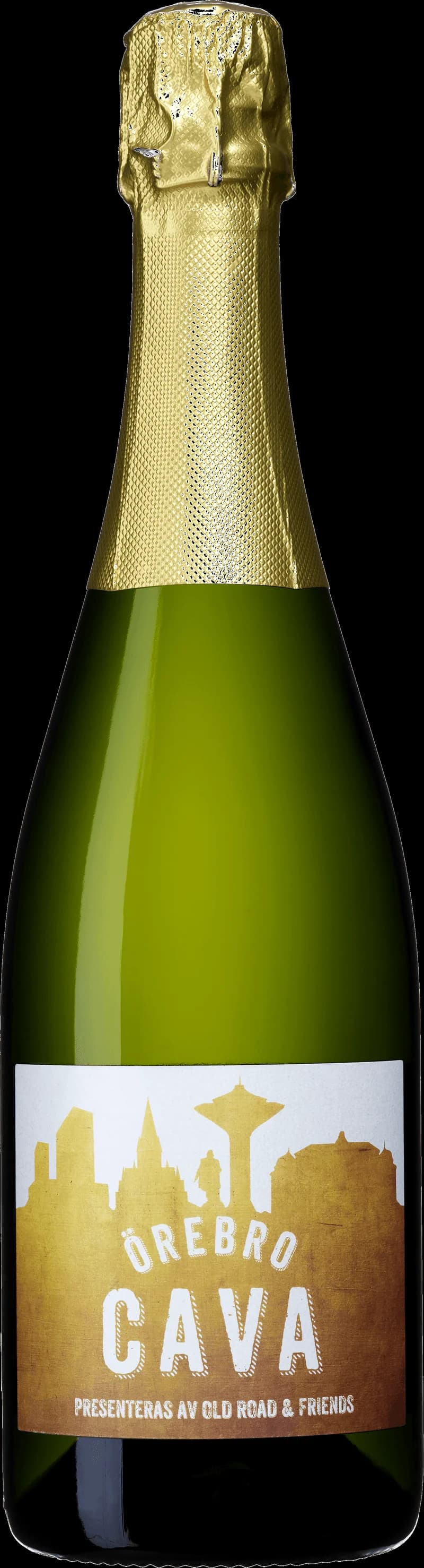 Flaska med Örebro Cava mousserande vin och ett glas bubbel.