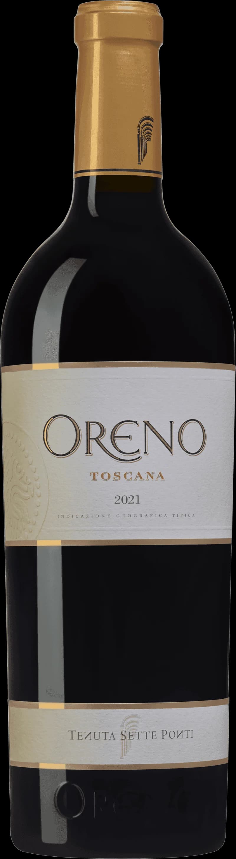 Flaska av rött vin Oreno Toscana Rosso mot en mörk bakgrund.