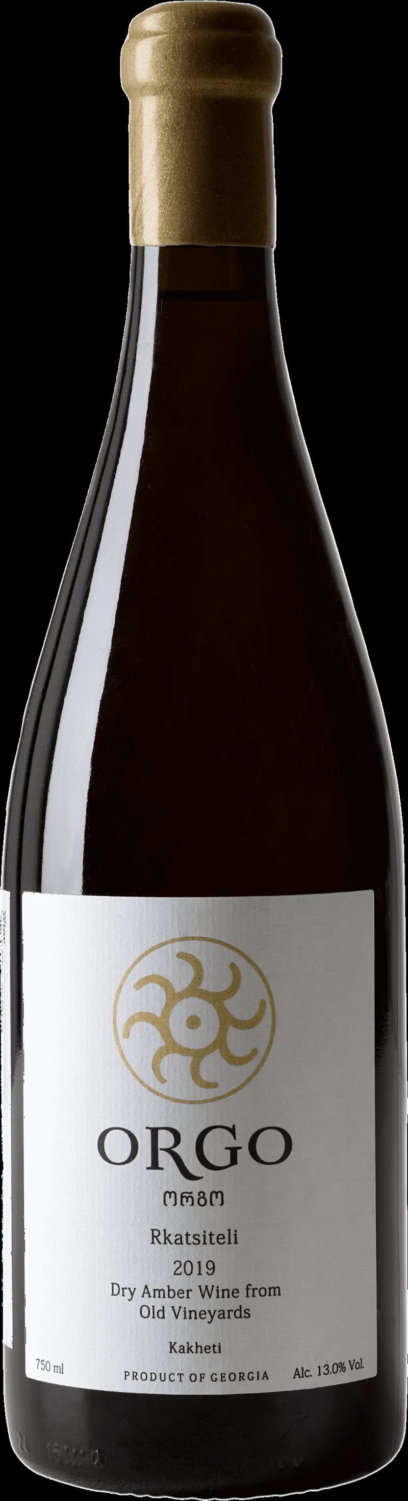 Flaska av Orgo Rkatsiteli vitt vin mot ljus bakgrund