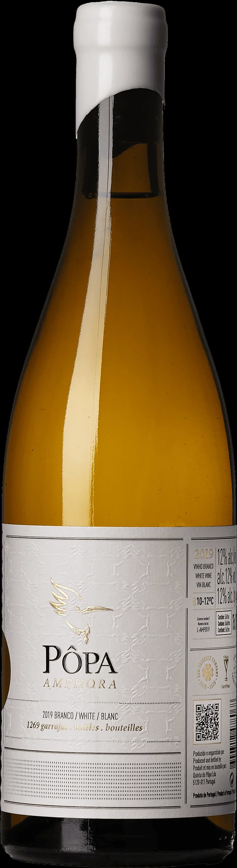 Flaska av vitt vin från P-på amfora, branco, på en bordsservering.