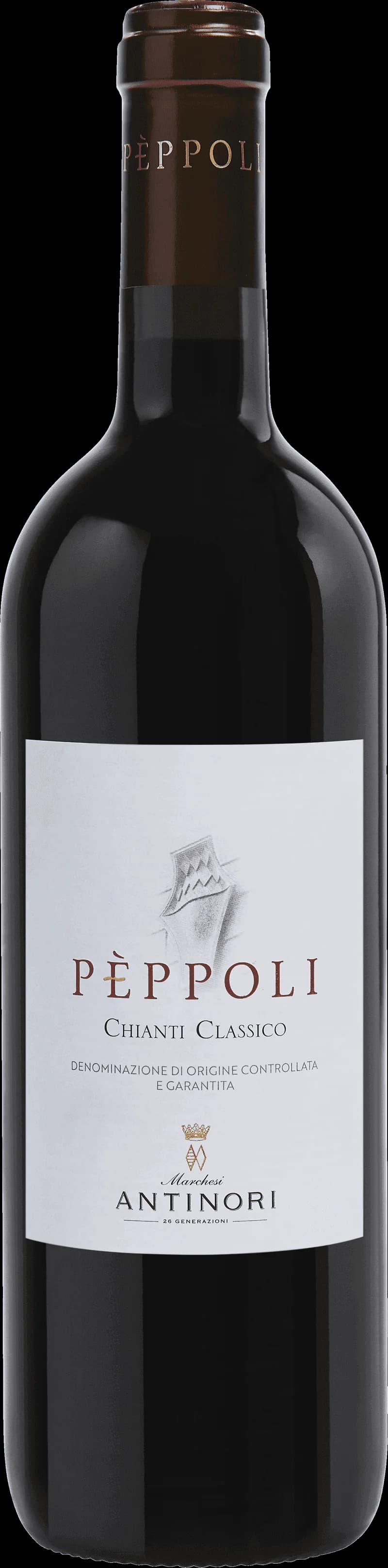 Flaska av rött vin från P-Ppoli Chianti Classico på vit bakgrund.