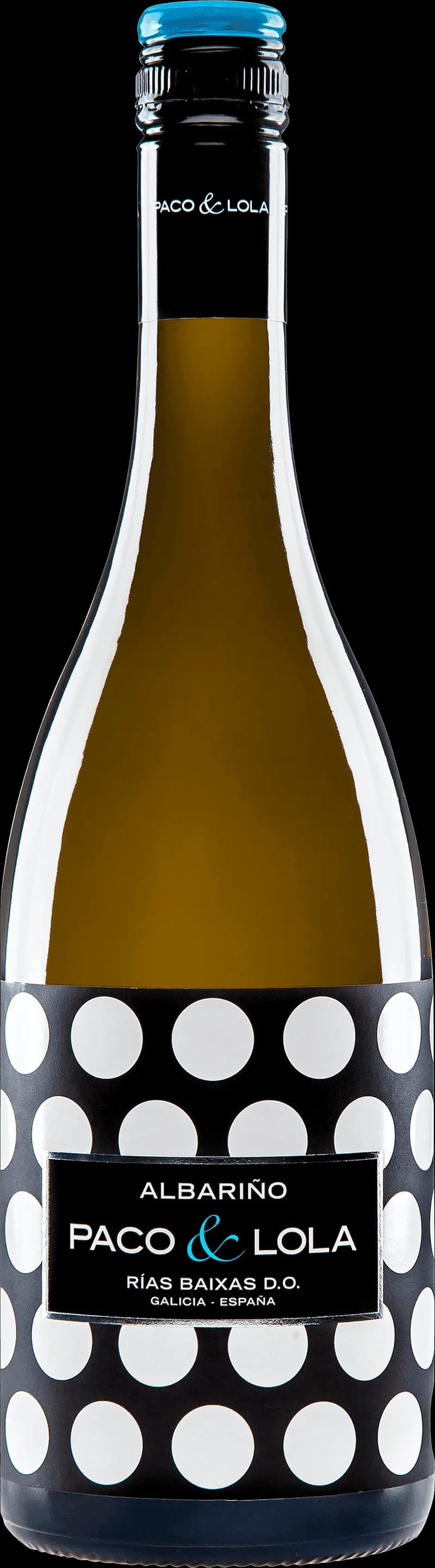 Flaska av vitt vin från Paco & Lola på en ljus bakgrund.