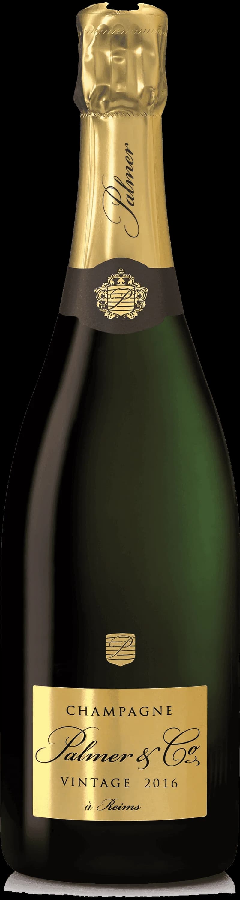 Flaska Palmer & Co mousserande vin mot en mörk bakgrund.
