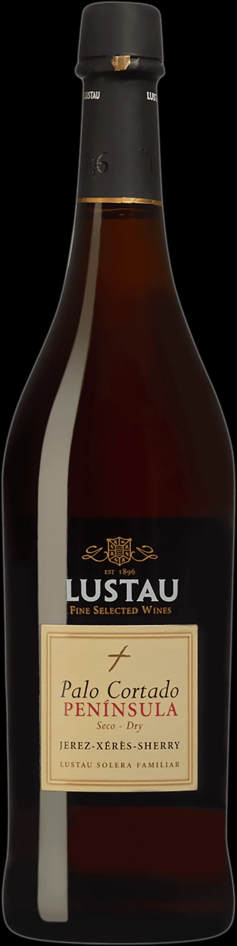 Ett glas palo cortado starkvin på ett bord.