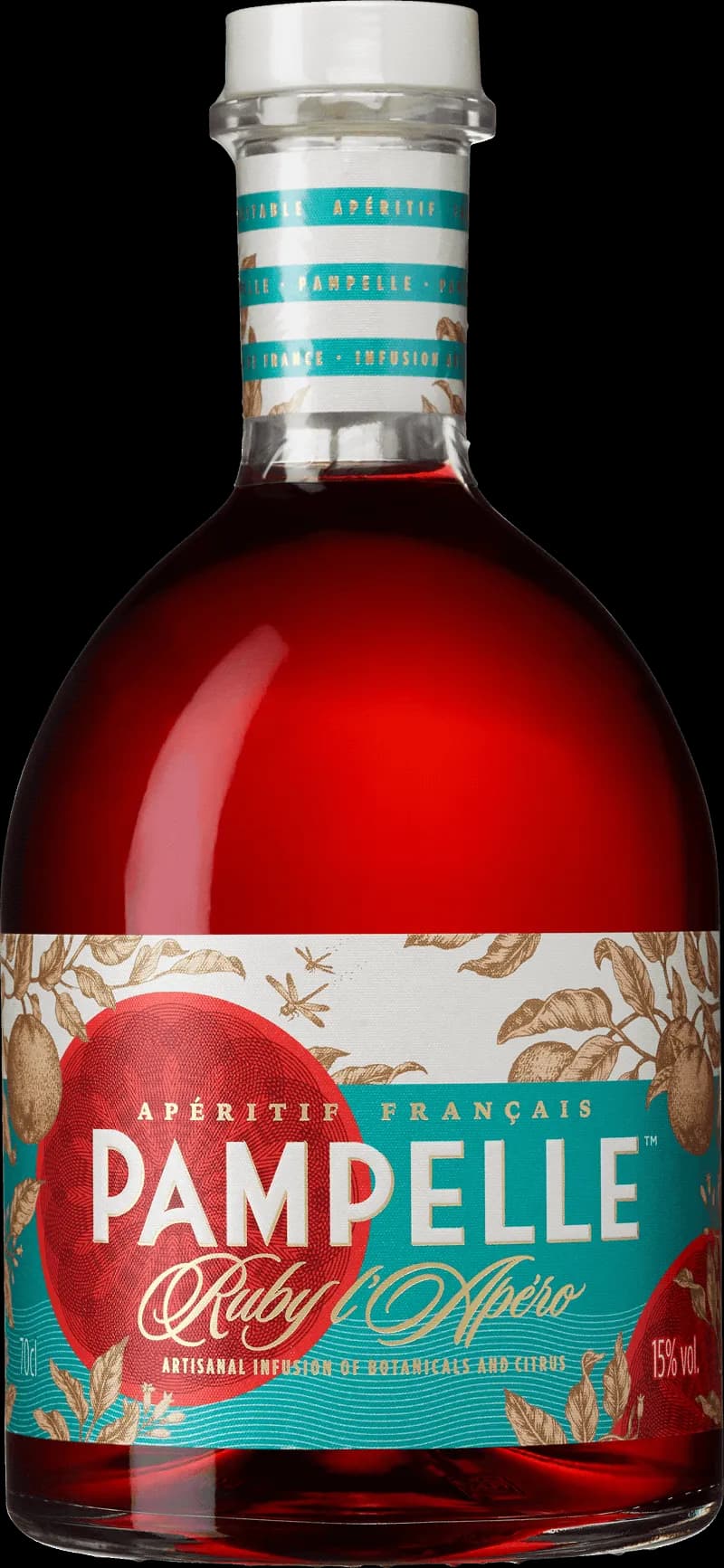 Pampelle Aperitif-flaska på ett bord med citrusfrukter och is.