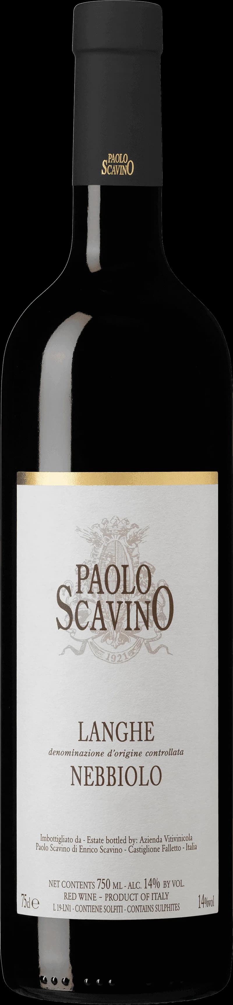 Paolo Scavino rött vin i ett vinglas mot en mörk bakgrund.