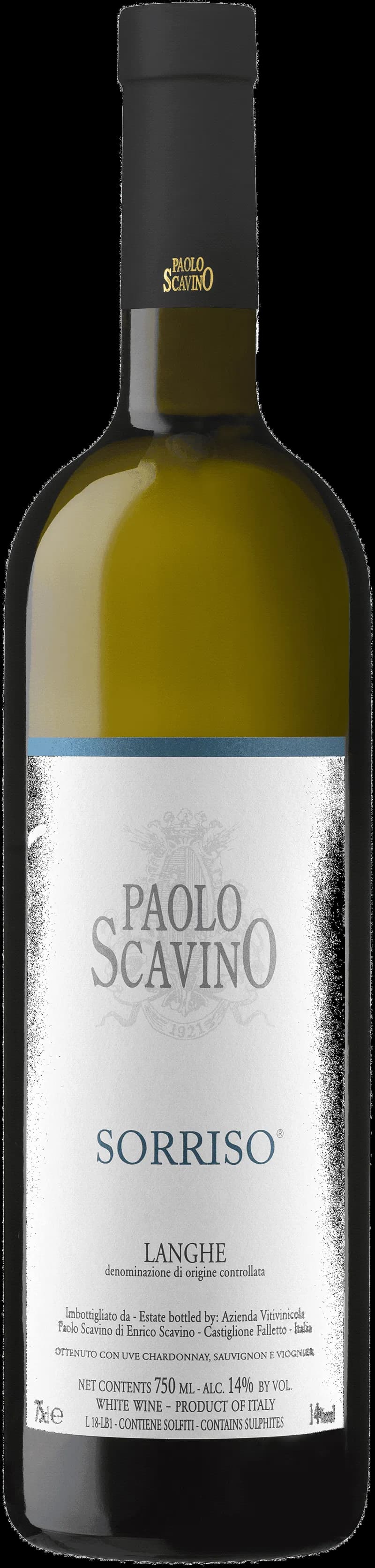 Flaska av Paolo Scavinos vita vin på en ljus bakgrund.
