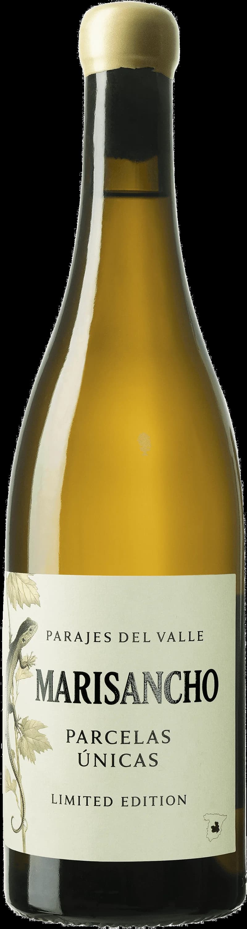Flaska och glas med Parajes del Valle vitt vin mot en ljus bakgrund.