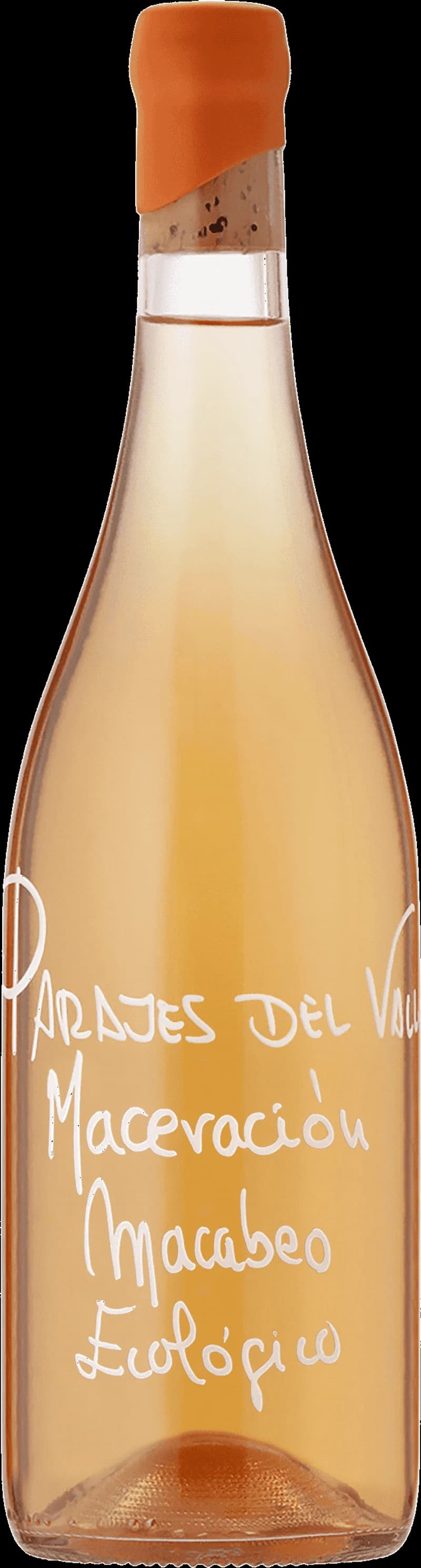 Flaska av Parajes Macabeo orange vitt vin mot en enkel bakgrund.