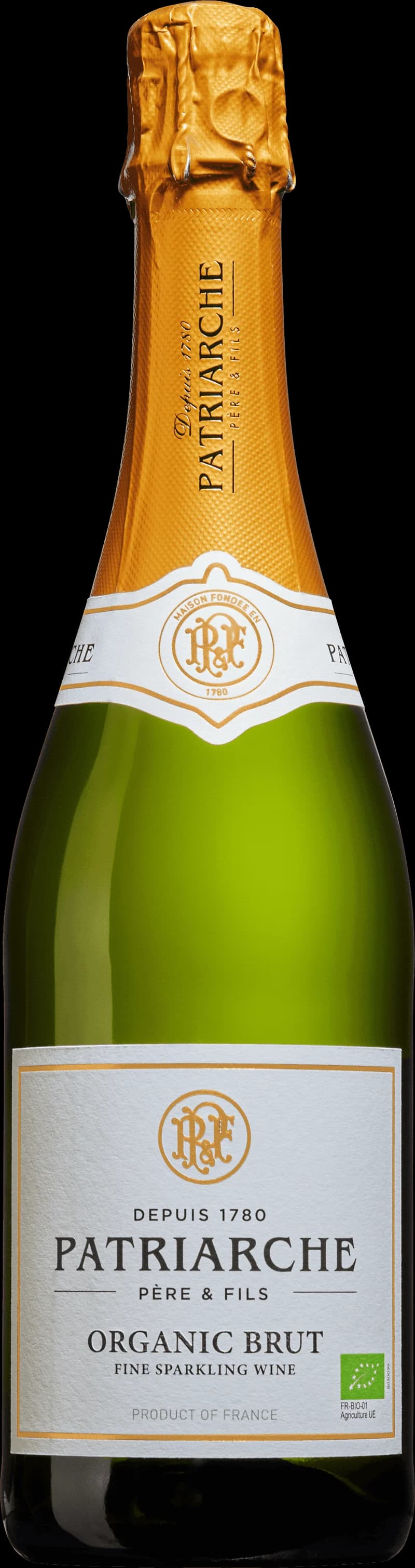 Flaska och glas med Patriarche mousserande vin, bubblande dryck.