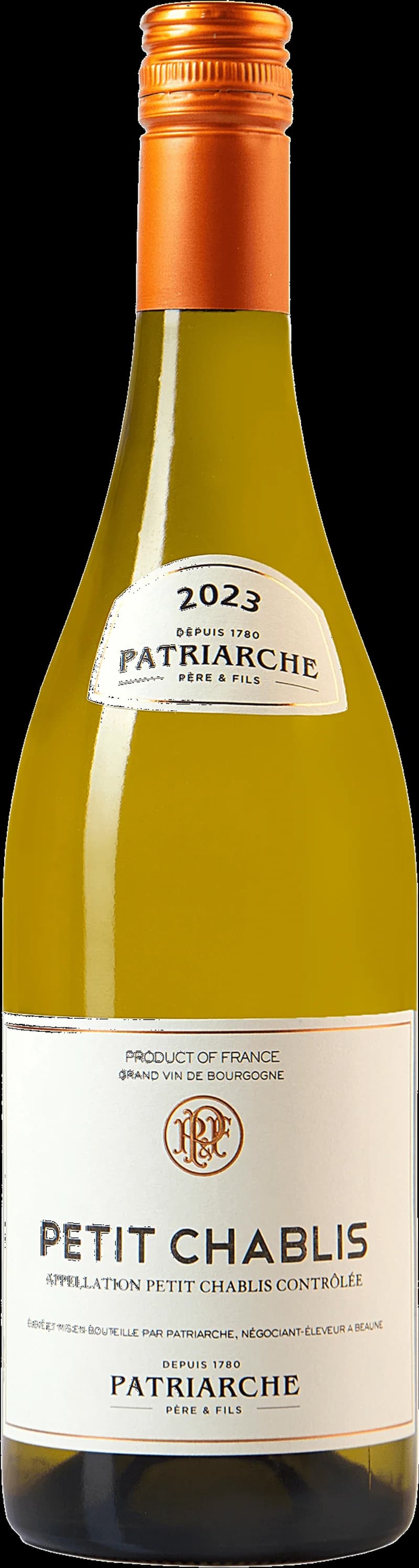 Flaska av Patriarche Père & Fils vitt vin mot en neutral bakgrund.