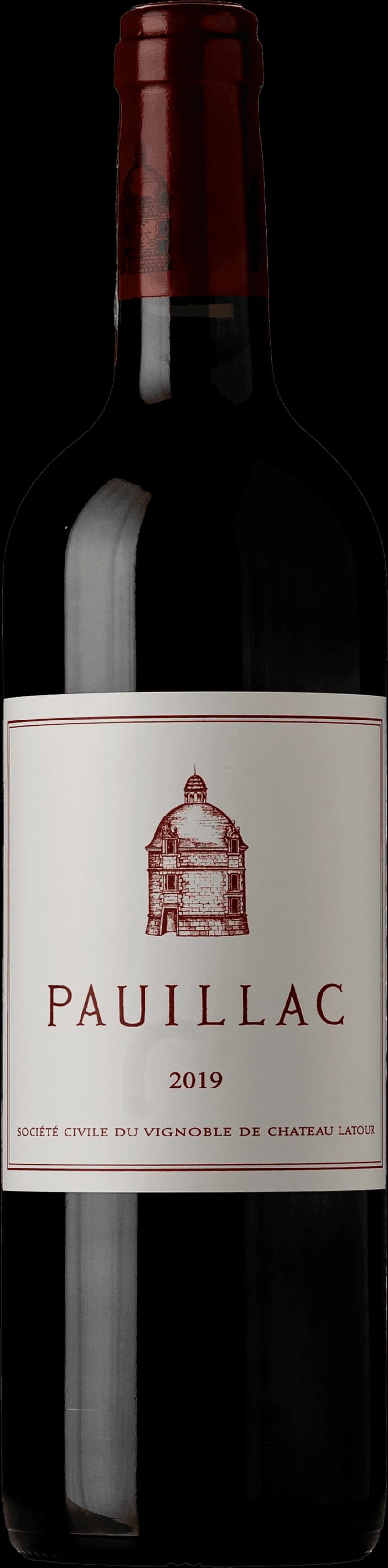 Flaska av rött vin Pauillac de Latour mot en mörk bakgrund.