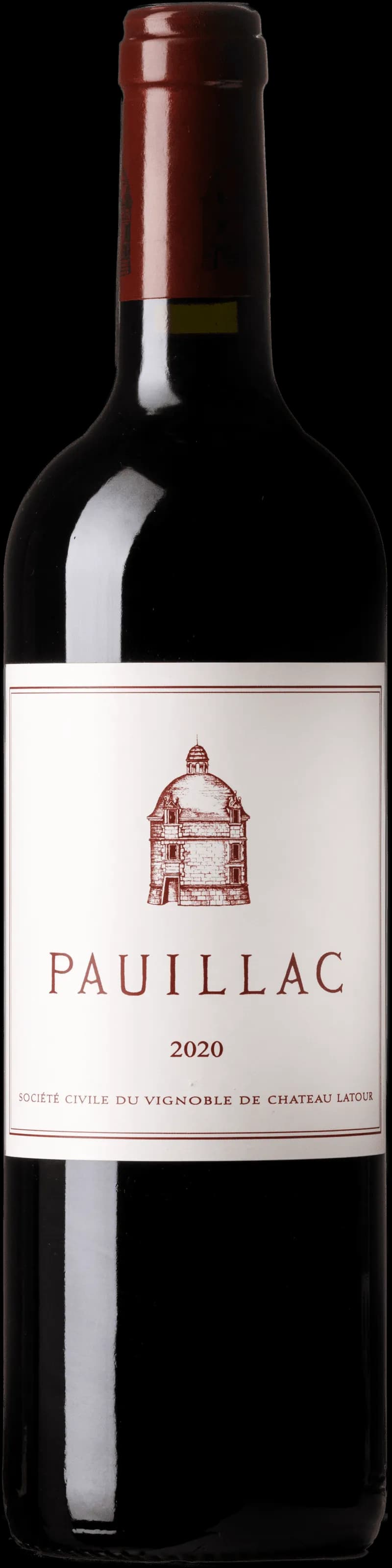Flaska av rött vin Pauillac de Latour framför vingård