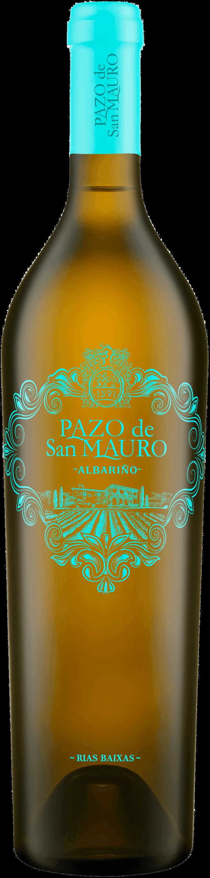 Flaska av Pazo de San Mauro vitt vin mot ljus bakgrund