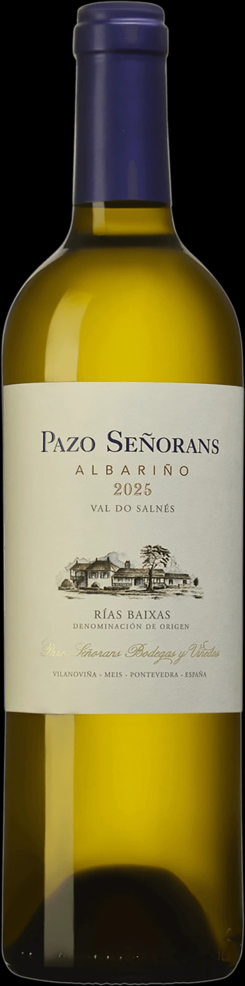 Flaska av Pazo Señorans vitt vin mot ljus bakgrund.