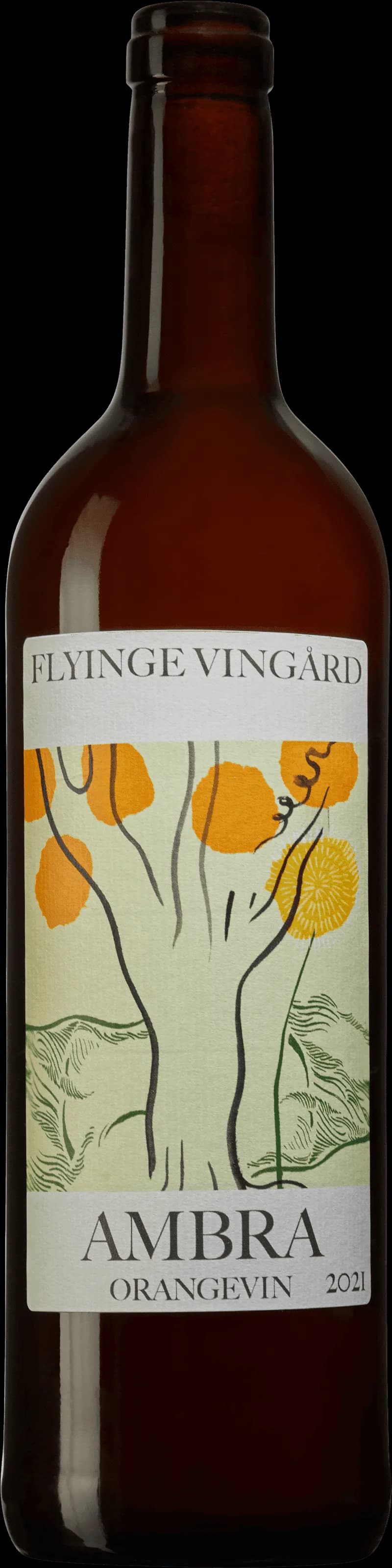 Flaska av Pegasus Ambra vitt vin mot ljus bakgrund.
