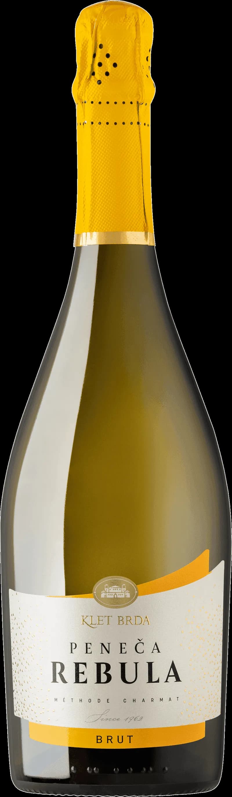 Flaska Peneca Rebula mousserande vin mot ljus bakgrund