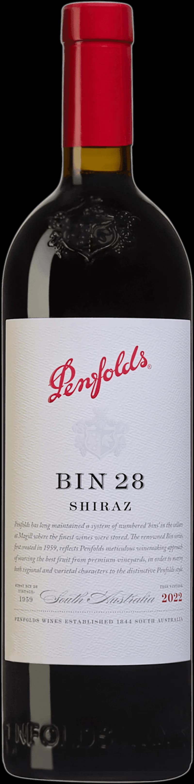 Flaska av Penfolds Bin 28 rött vin mot neutral bakgrund.