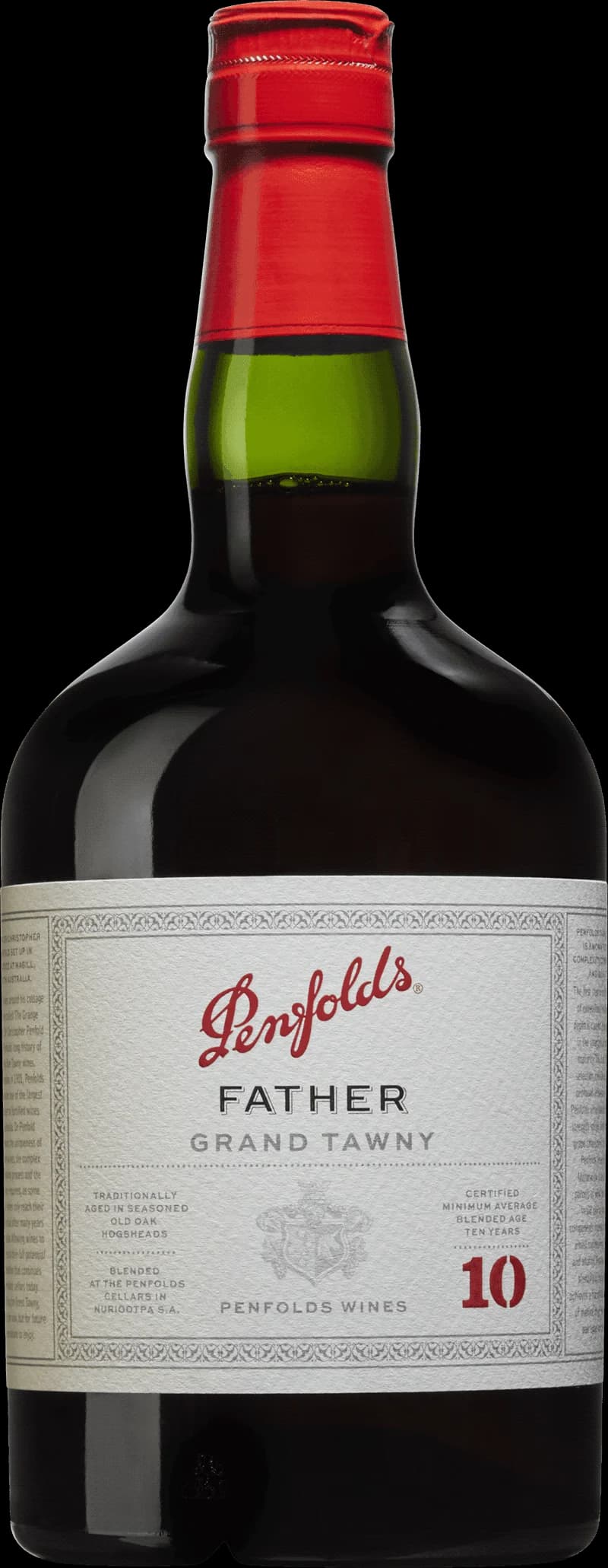 Penfolds Father starkvin i en elegant flaska mot en mörk bakgrund.