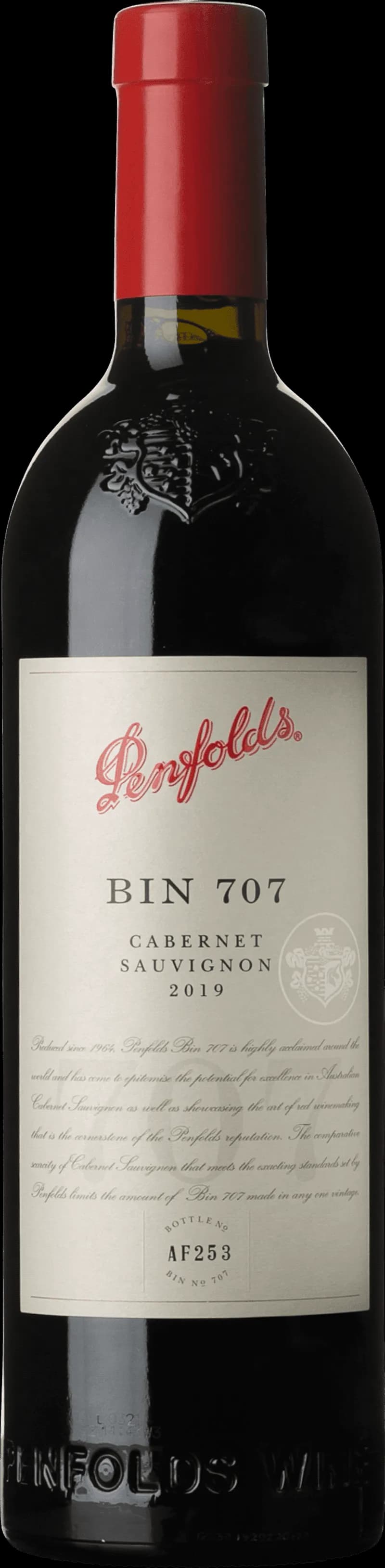 Flaska Penfolds rött vin mot neutral bakgrund