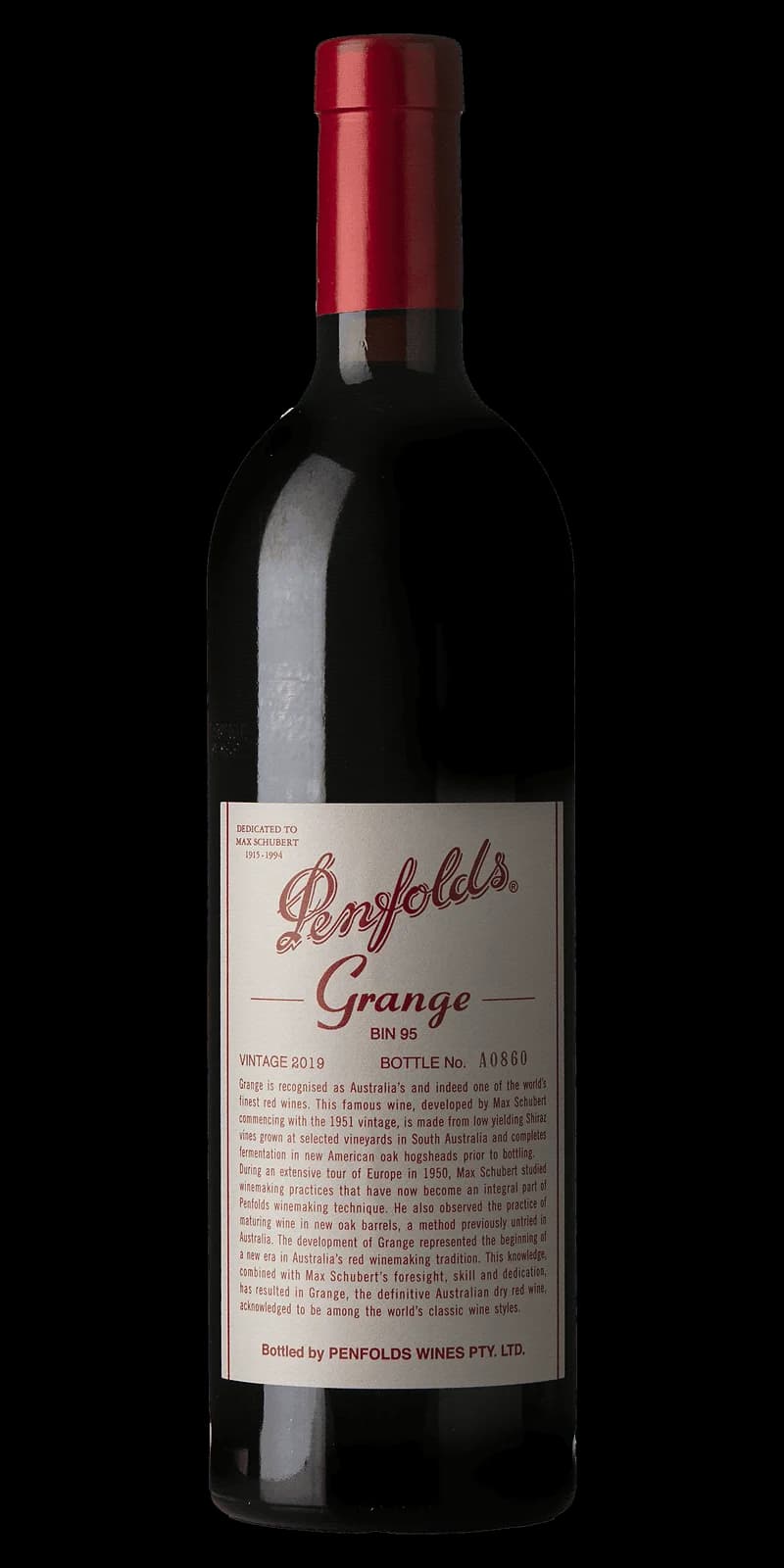 Flaska med Penfolds rött vin mot mörk bakgrund