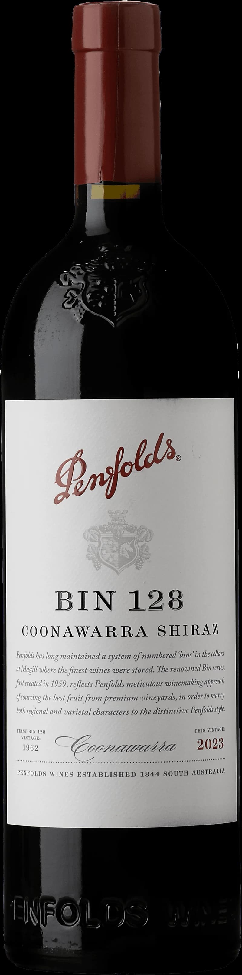 Flaska av Penfolds rött vin mot en mörk bakgrund
