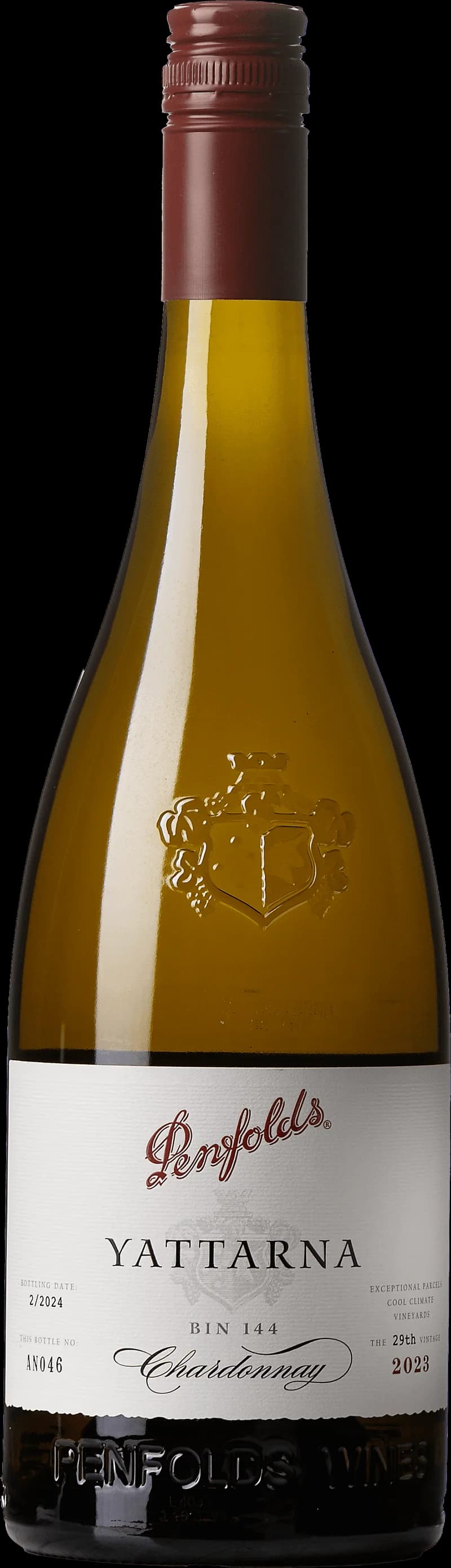 Flaska med Penfolds vitt vin mot neutral bakgrund