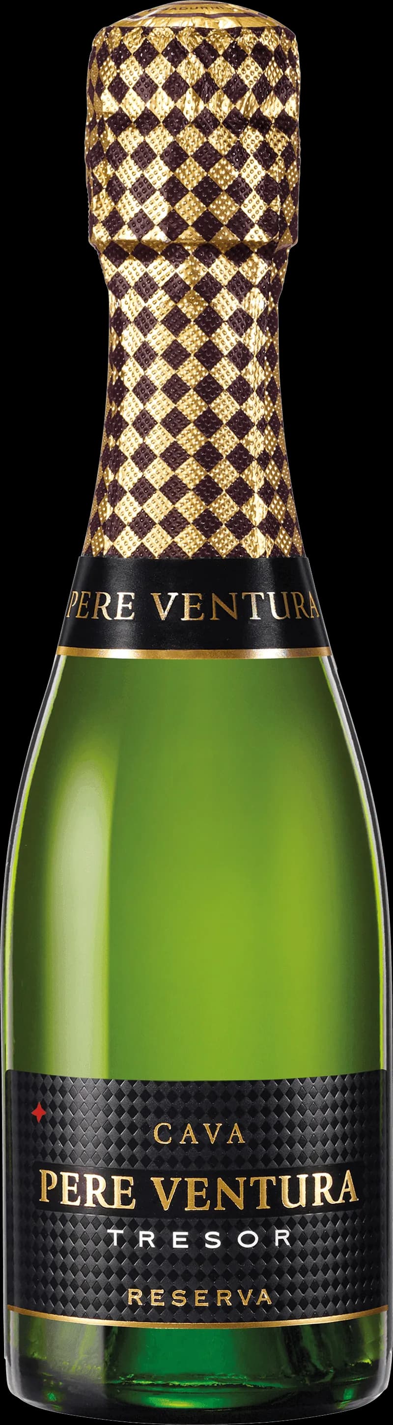 Flaska med Pere Ventura mousserande vin mot neutral bakgrund.
