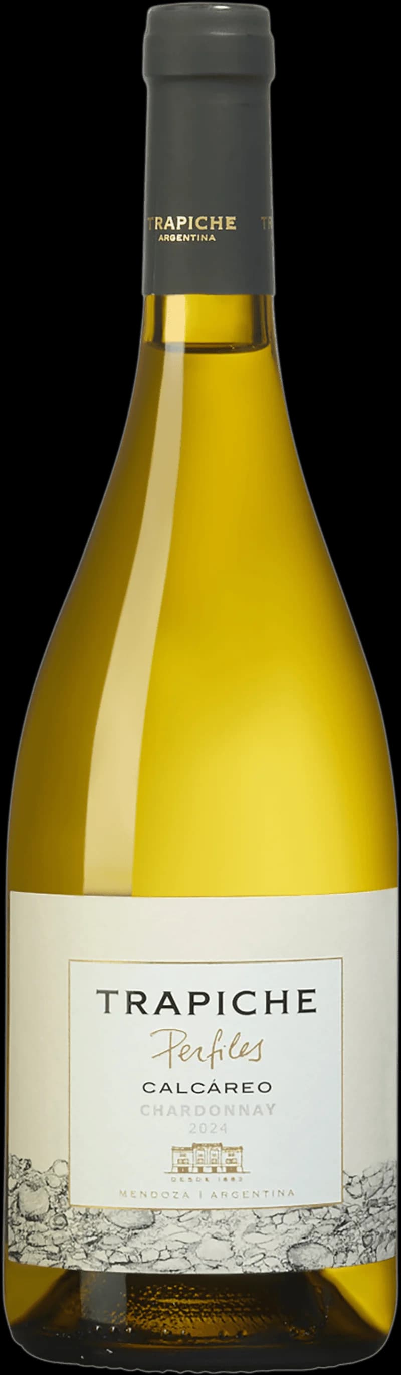 Flaska av Perfiles Calcareo Chardonnay, ett vitt vin från Spanien.