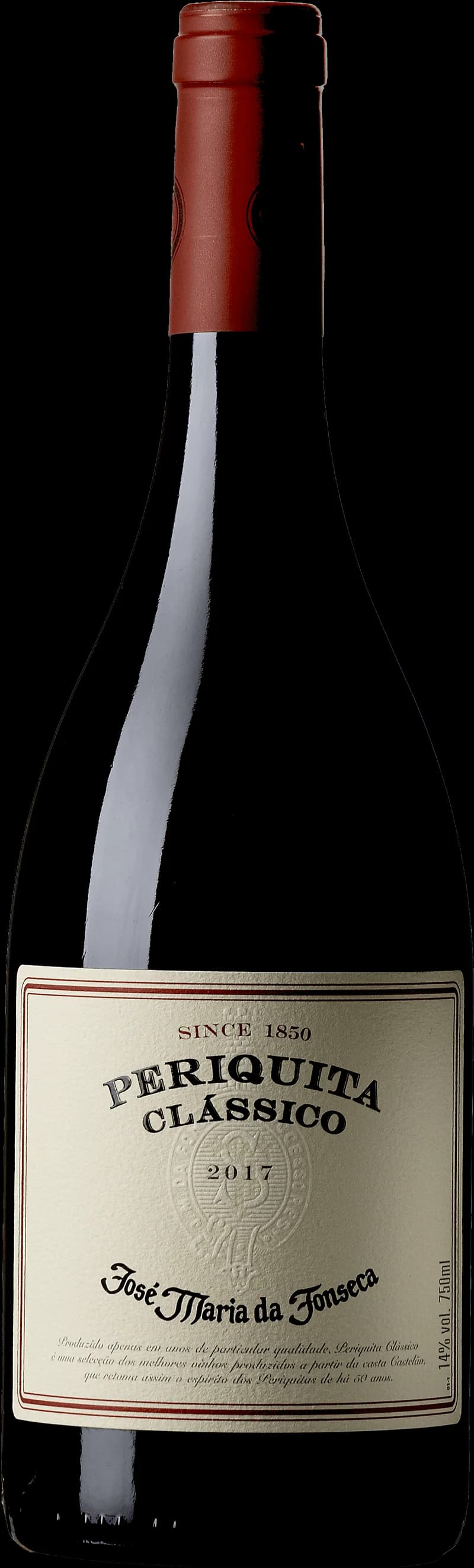 Flaska av Periquita rött vin mot en neutral bakgrund.