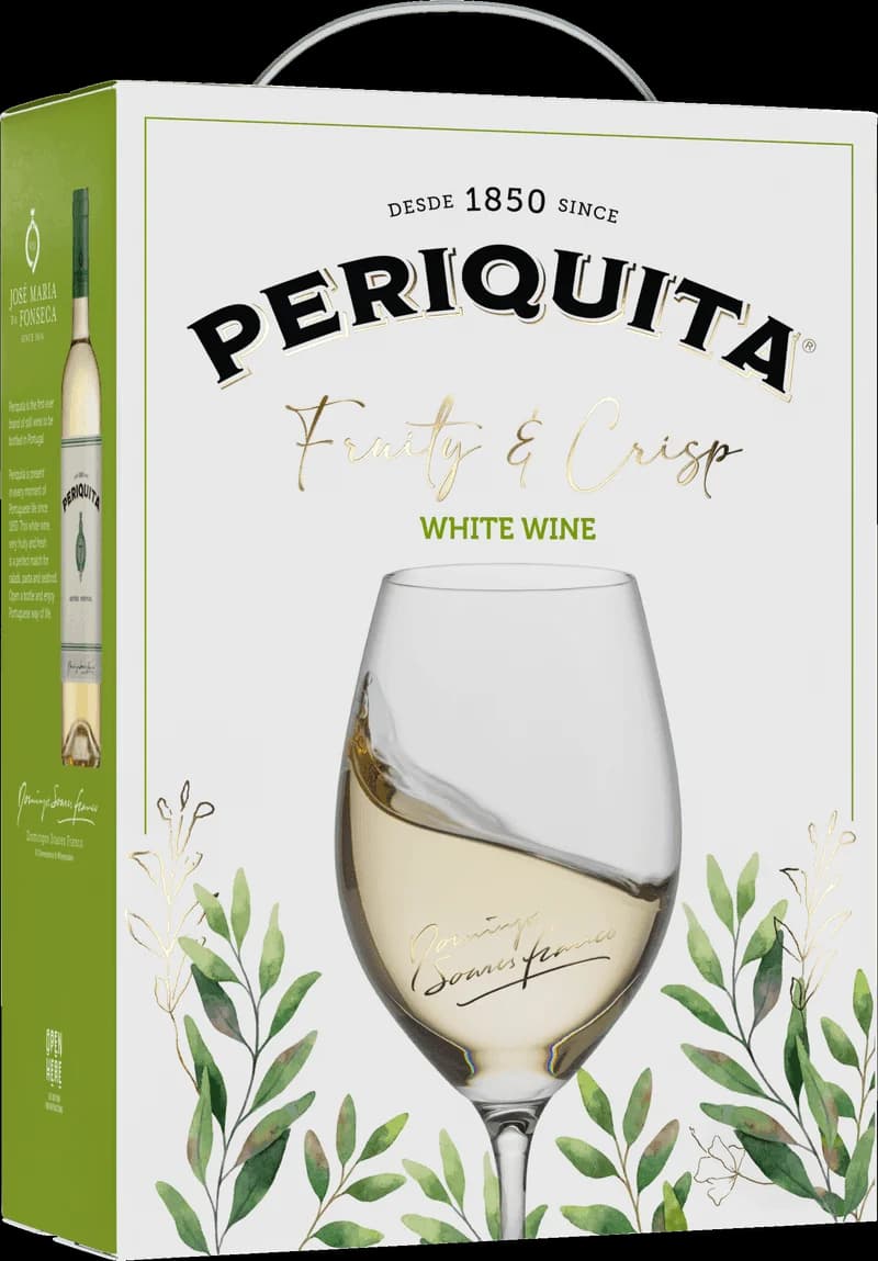 Flaska Periquita vitt vin mot ljus bakgrund