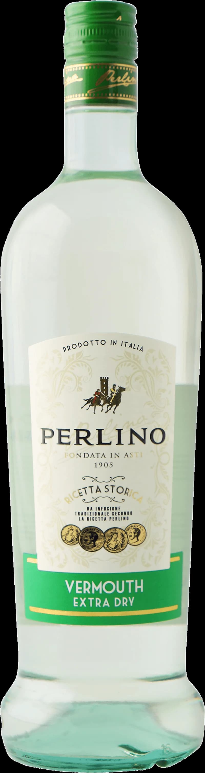 Flaska Perlino Vermouth på ett bord med glas och is.