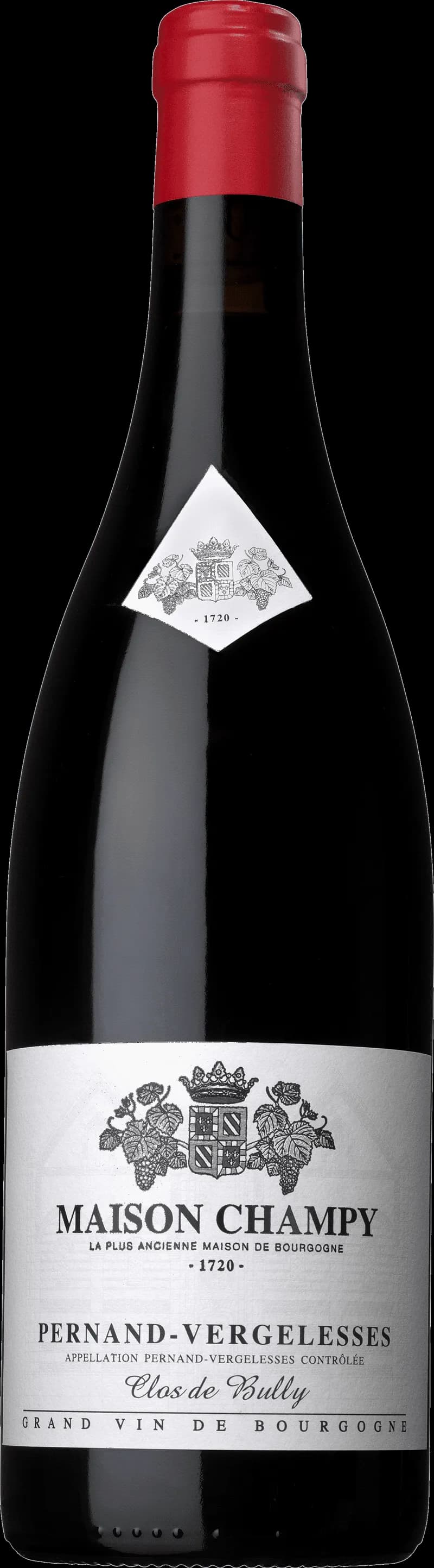 Flaska med rött vin från Pernand-Vergelesses, Bourgogne, framför vingård.