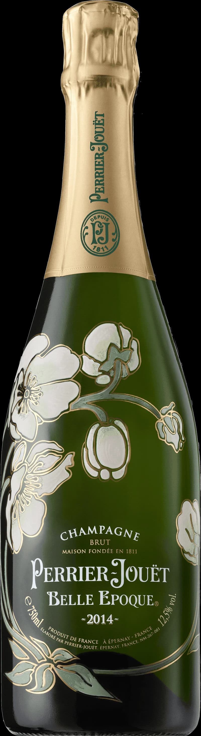 Flaska med Perrier-Jouët mousserande vin mot ljus bakgrund