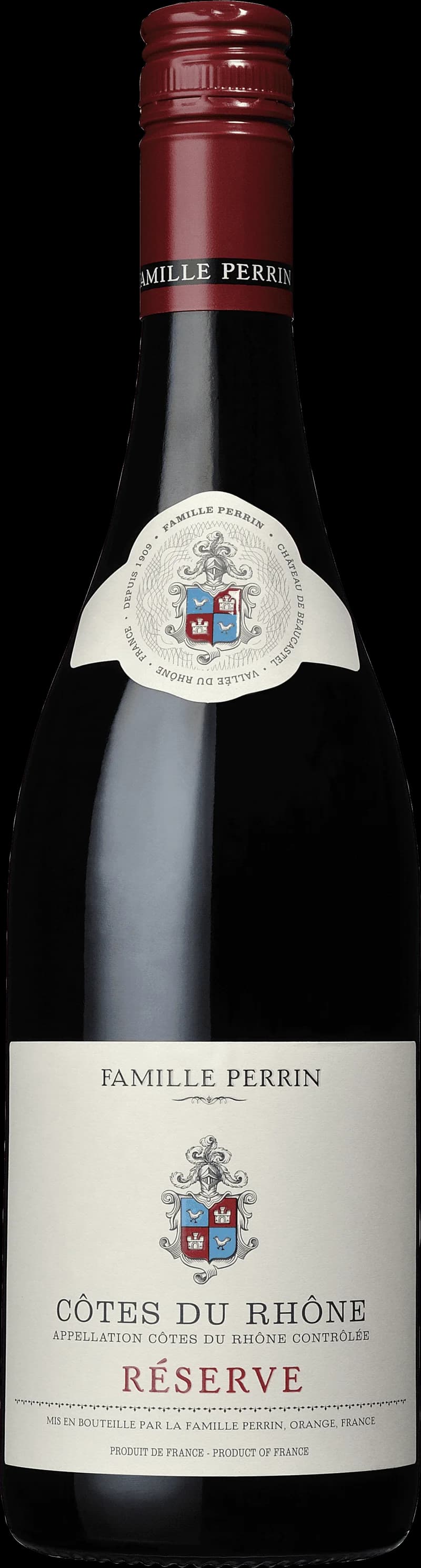 Flaska av Perrin Côtes du Rhône rött vin mot neutral bakgrund.