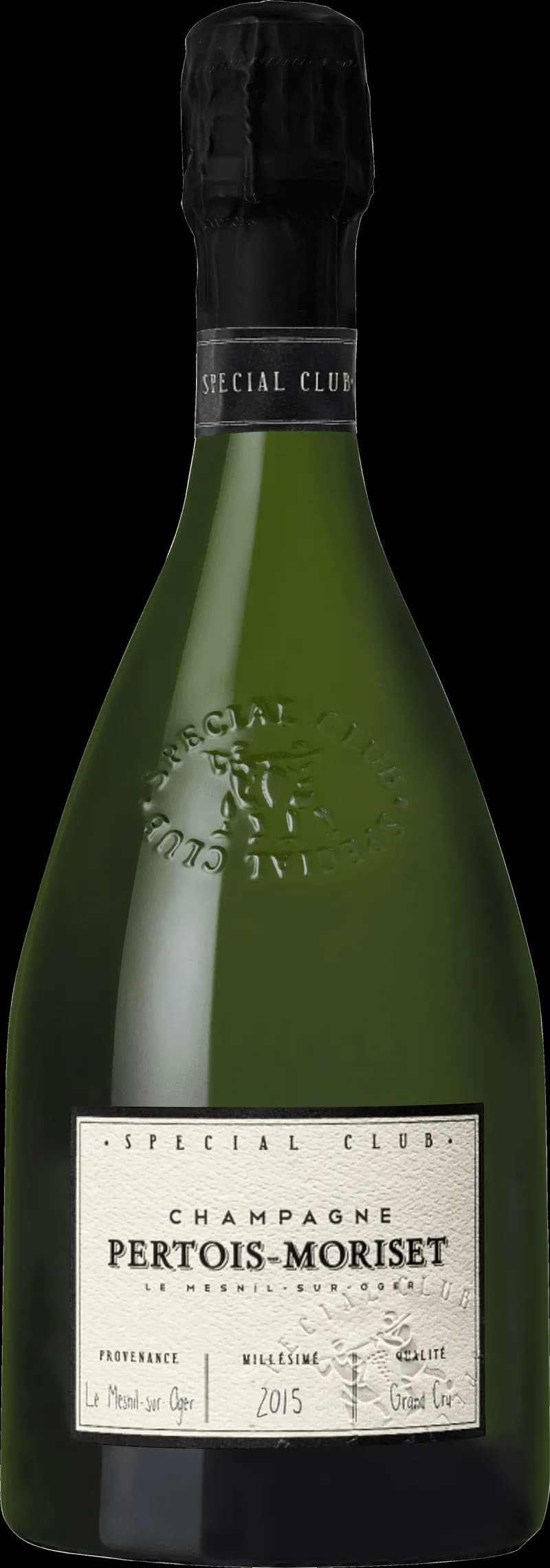 Flaska av mousserande vin från Pertois-Moriset mot ljus bakgrund.