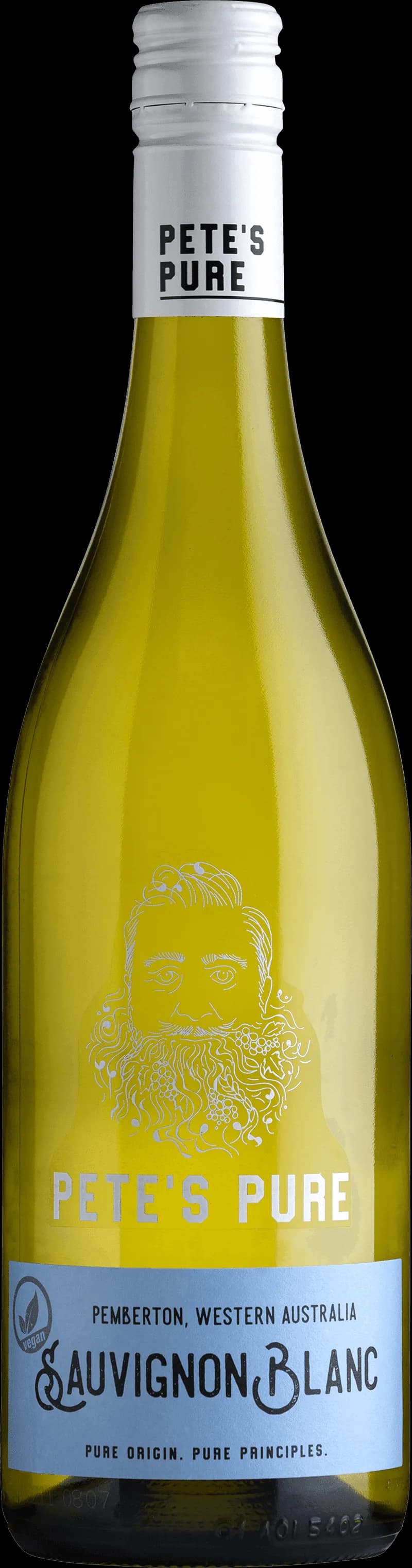 Flaska med Pete's Pure vitt vin mot ljus bakgrund