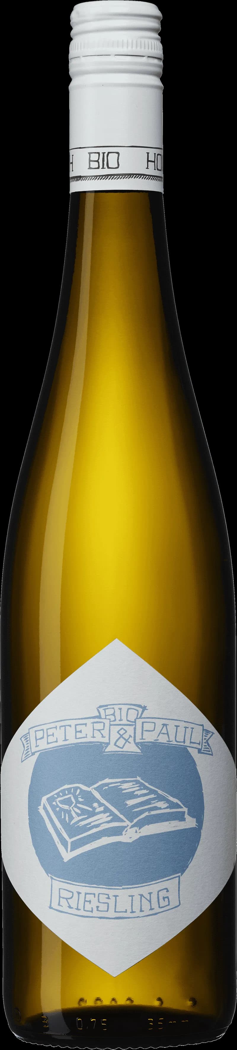 Flaska med Peter Paul vitt vin och ett glas fyllt med vitt vin.