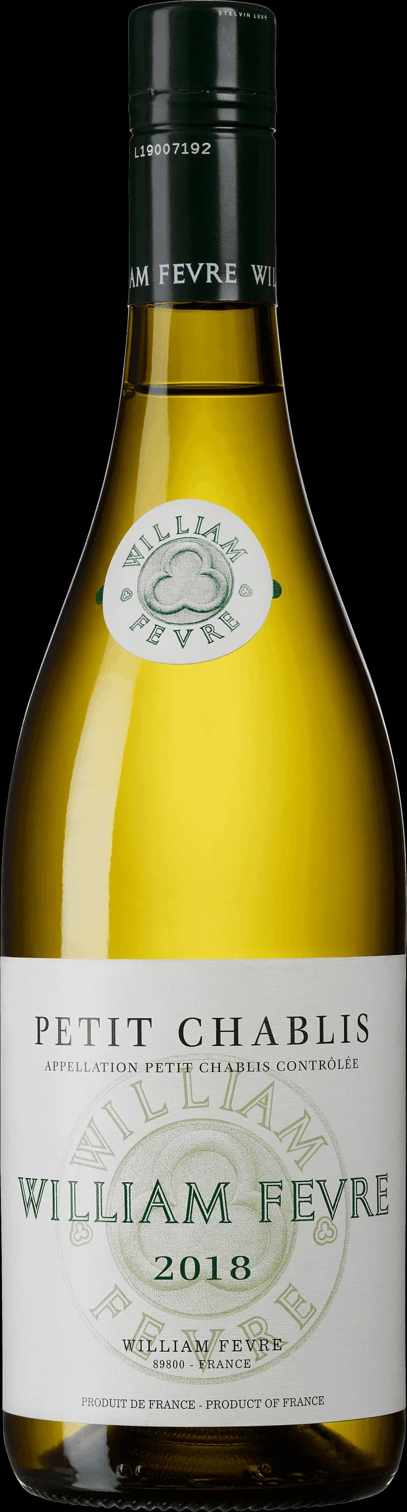 Flaska Petit Chablis vitt vin mot ljus bakgrund
