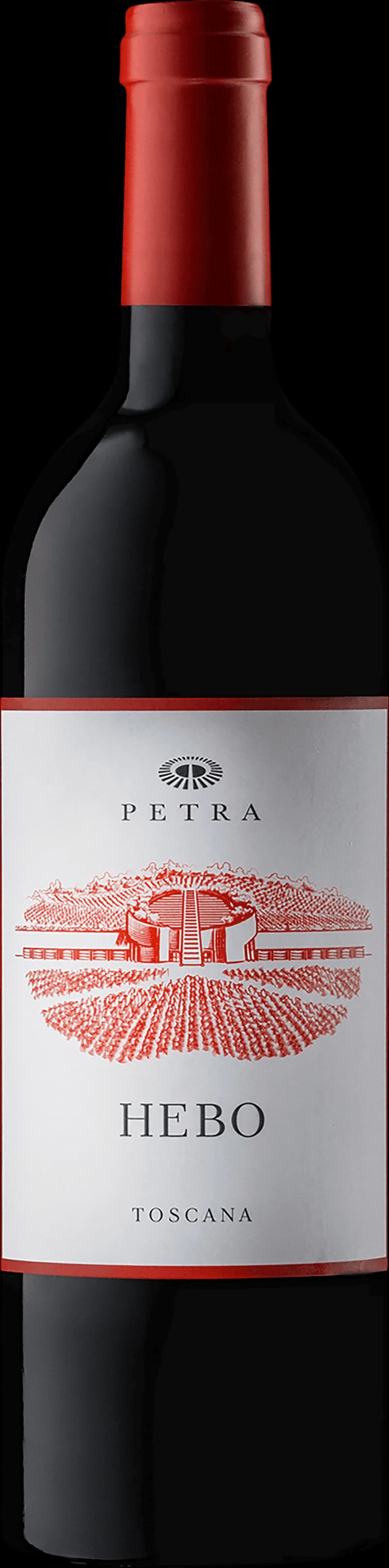 Flaska med Petra rött vin på ett bord