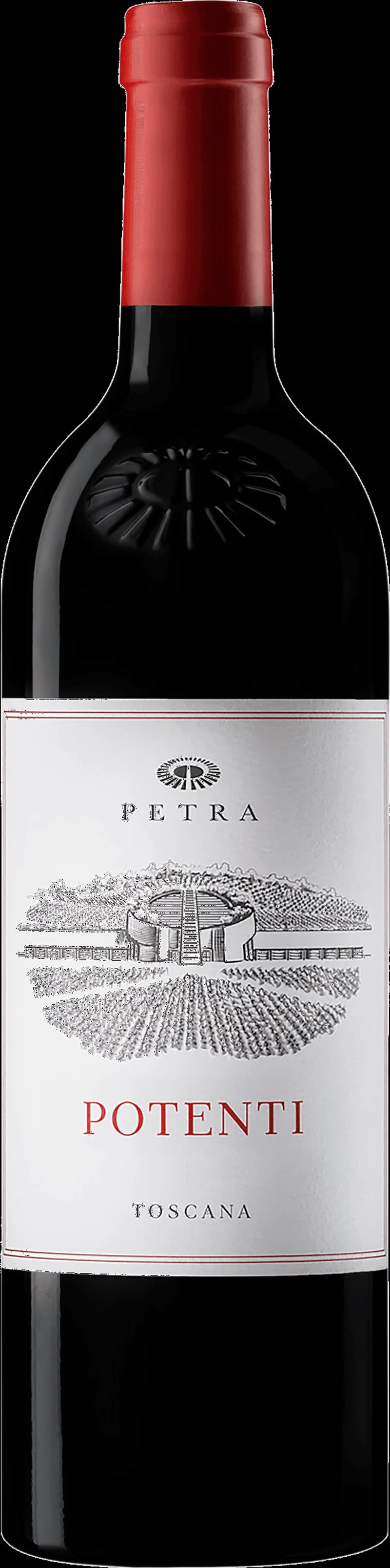 Petra rött vin i ett vinglas på ett bord
