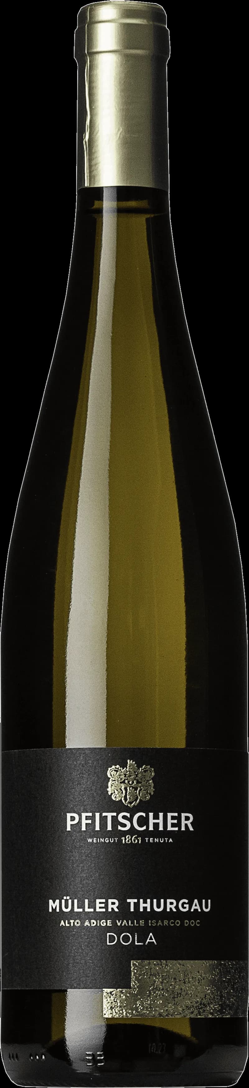Flaska med vitt vin från Pfitscher, stående mot en neutral bakgrund.