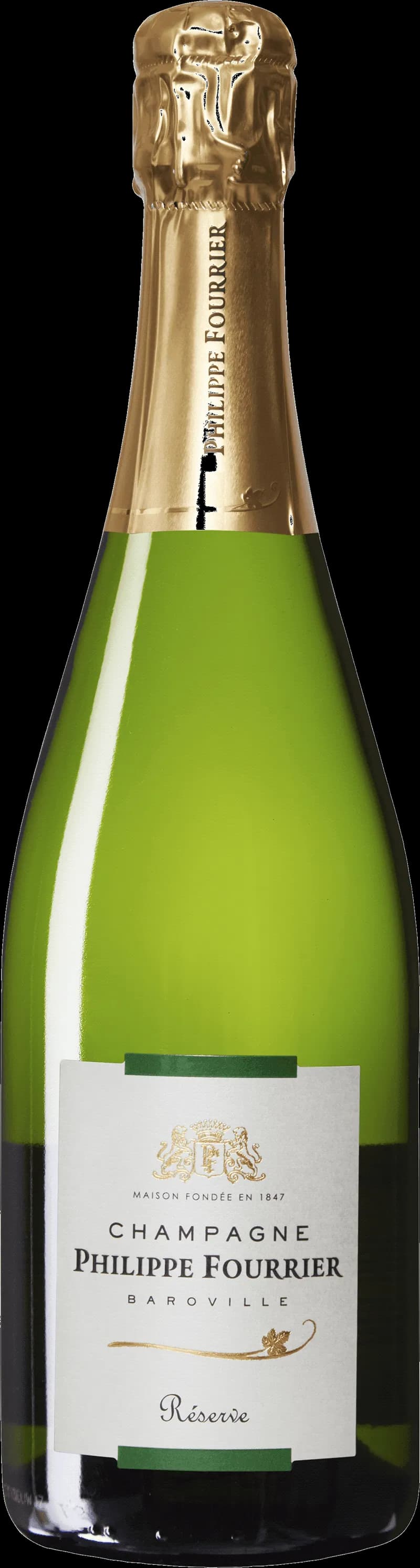 Flaska av Philippe Fourriers mousserande vin mot en mörk bakgrund.