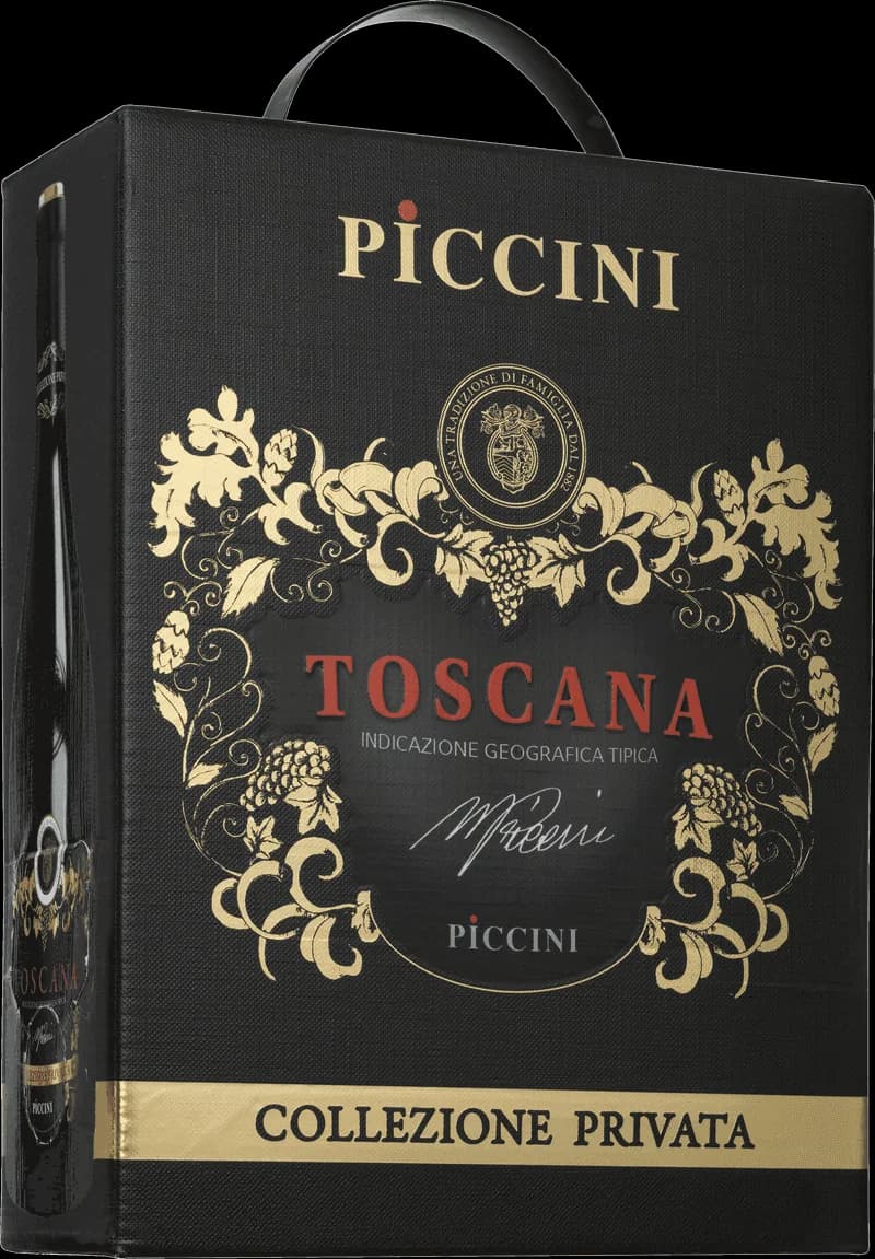 Flaska av Piccini rött vin mot neutral bakgrund