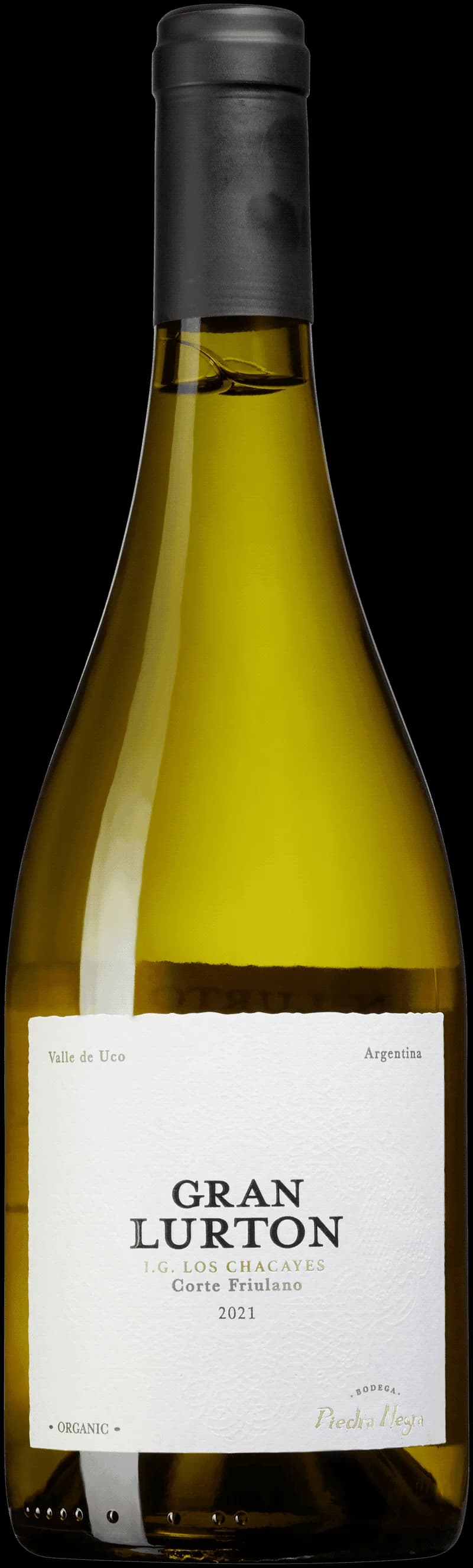 Flaska med Piedra Negra vitt vin mot neutral bakgrund