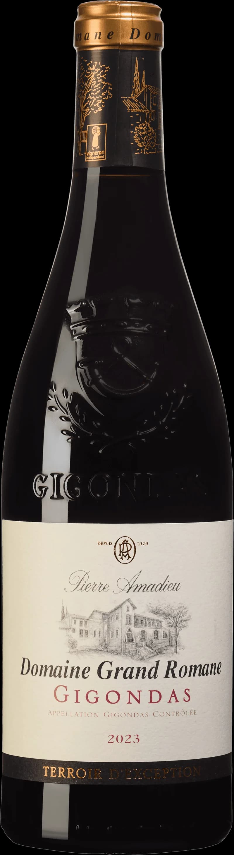 Flaska och glas med rött vin från Pierre Amadieu