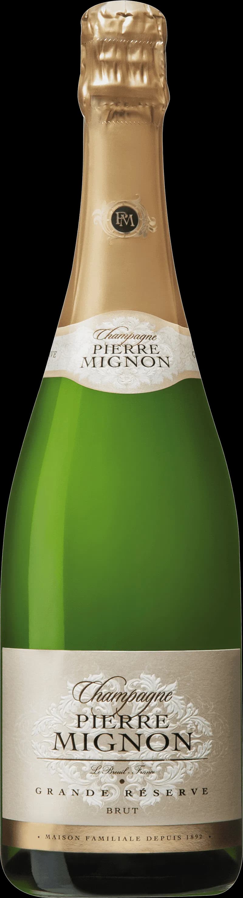 Flaska av Pierre Mignon mousserande vin mot en mörk bakgrund.