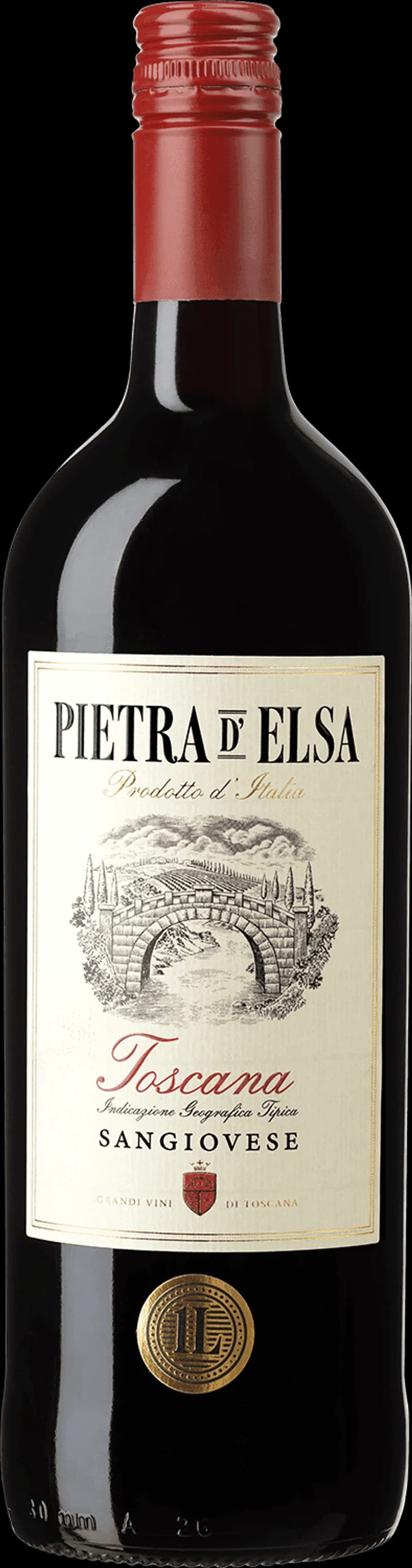 Flaska av rött vin Pietra d'Elsa på vit bakgrund